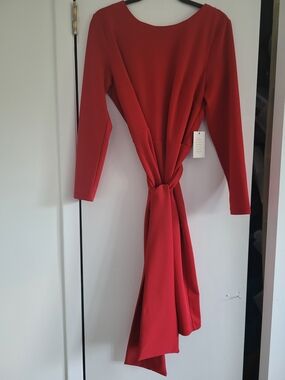 Red Long-Sleeve Knot Front Dress